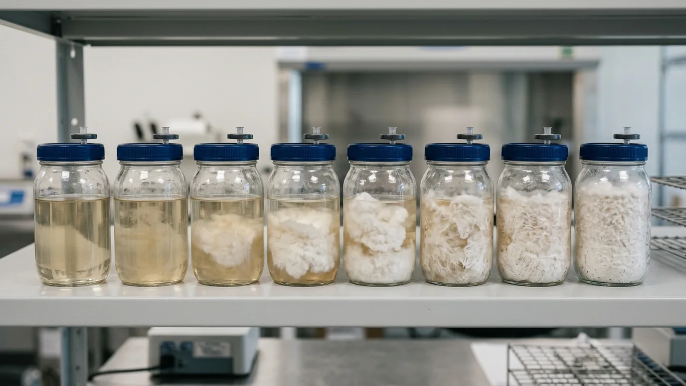 Clear liquid culture jars showing white mycelium growth in solution.