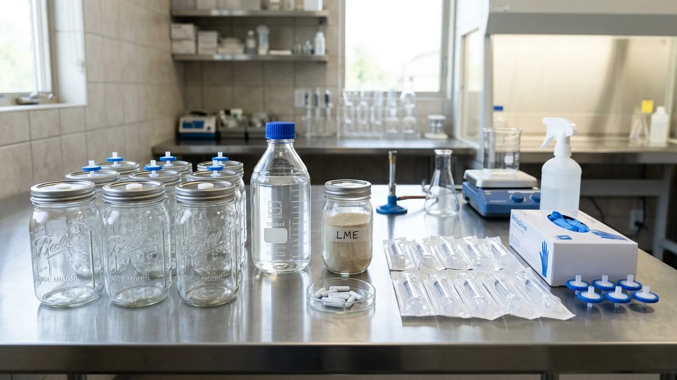 Clean liquid culture creation setup with empty jars, sterile water, syringes, and sterile supplies.