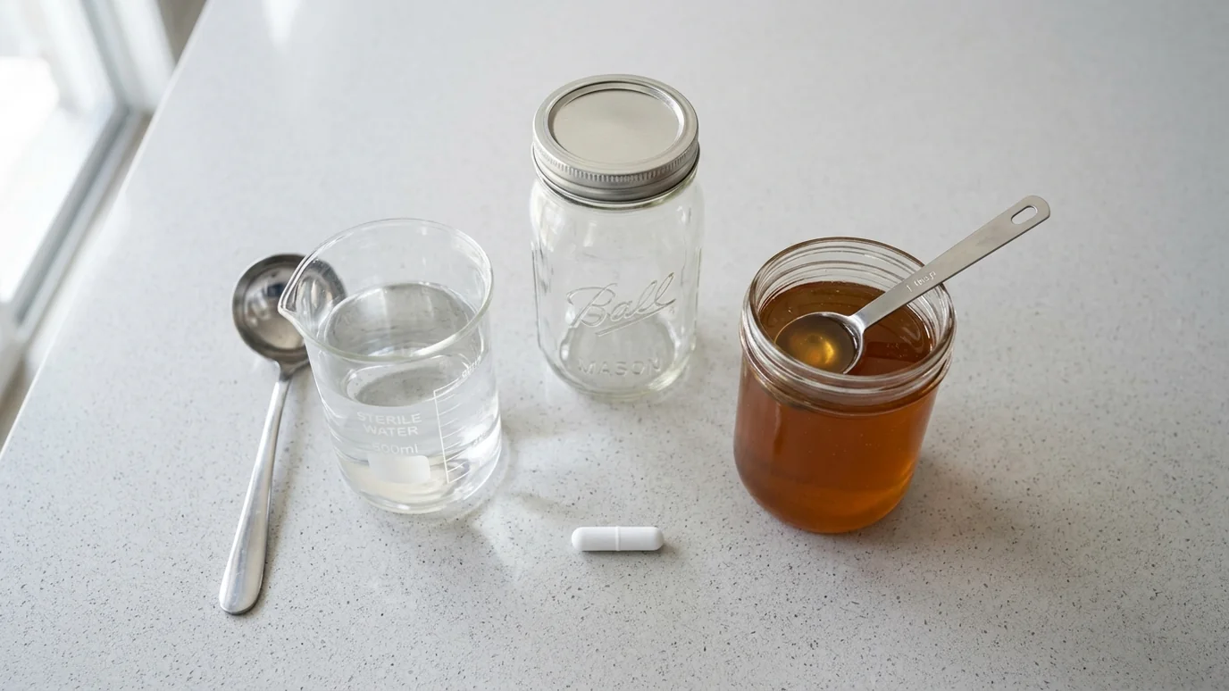 Liquid culture recipe ingredients including a clear jar, measuring spoon, and honey source.