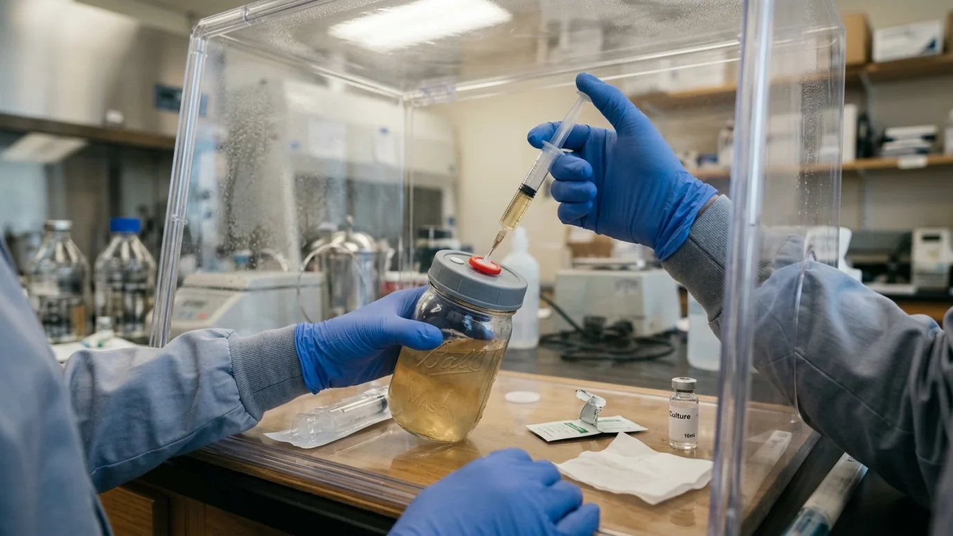 Gloved hands inoculating a liquid culture jar inside a clean still air workspace.