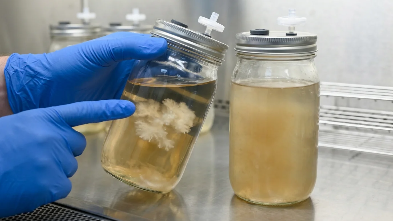 Liquid culture jars showing visible white mycelium growth during incubation.
