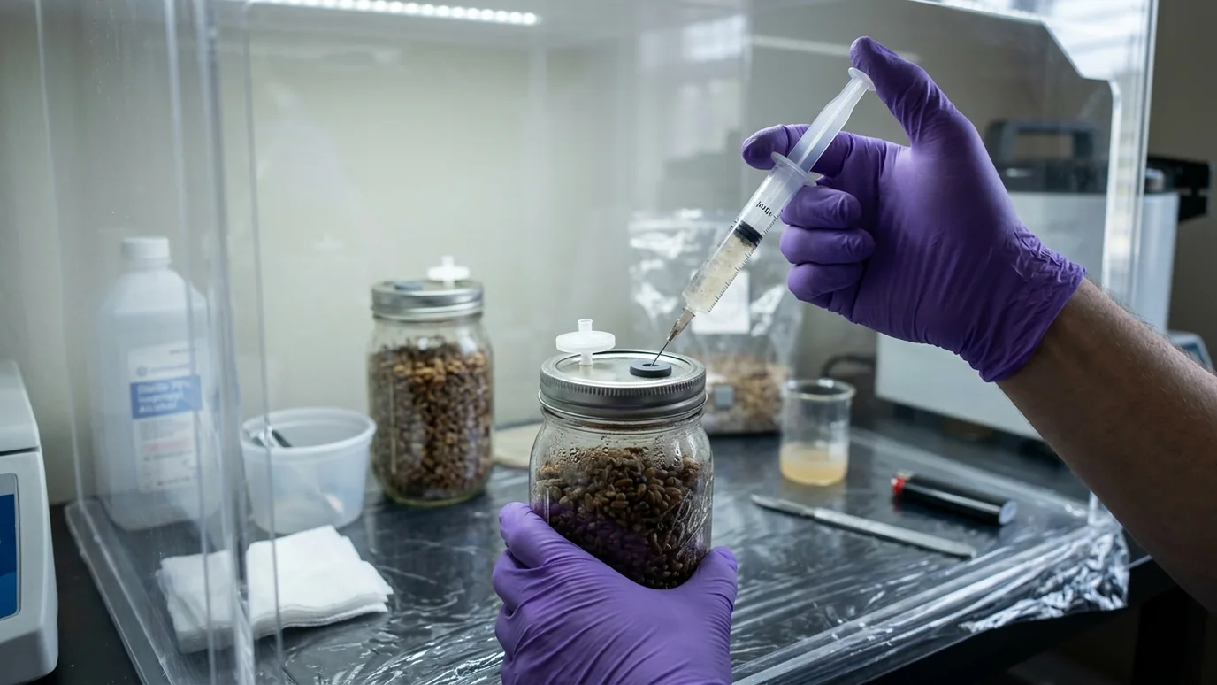 Liquid culture samples being inspected for healthy growth and suspicious contamination signs.