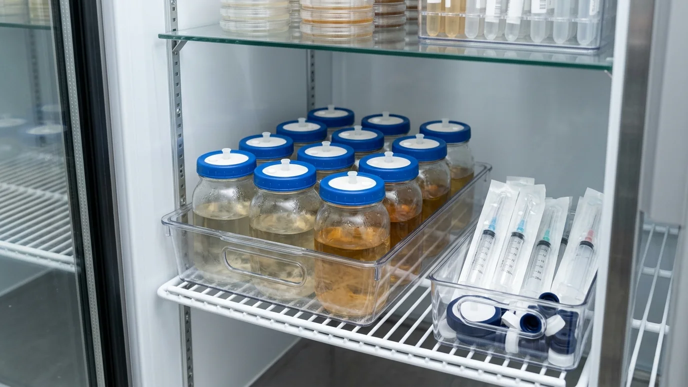 Liquid culture jars and sterile syringes stored upright in a clean cold-storage tray.