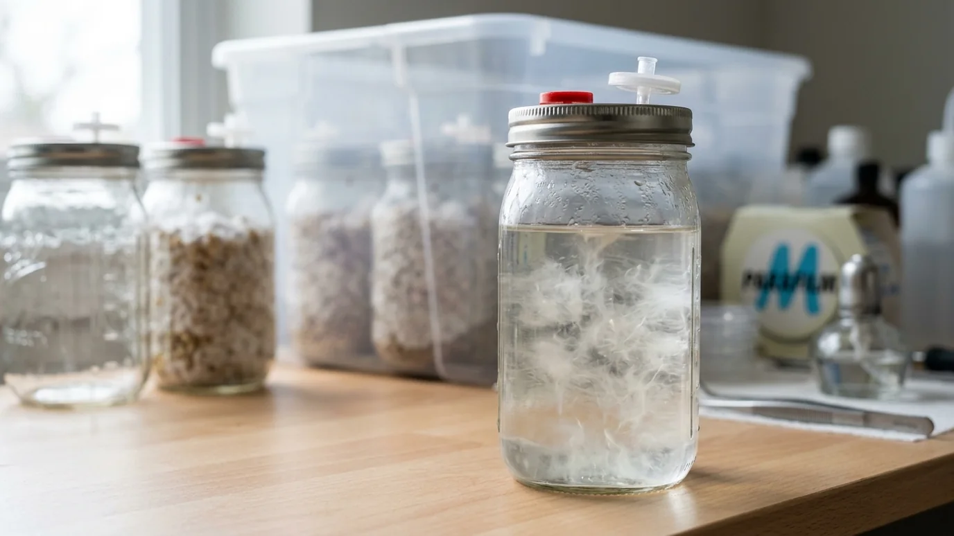Sterile grain jars and liquid culture supplies staged for clean inoculation.