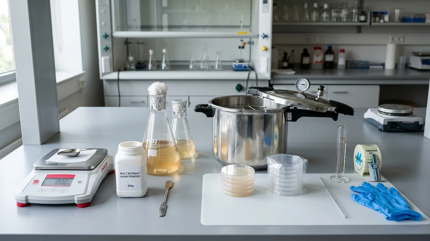 Liquid culture jar on a magnetic stir plate with sterile tools nearby.