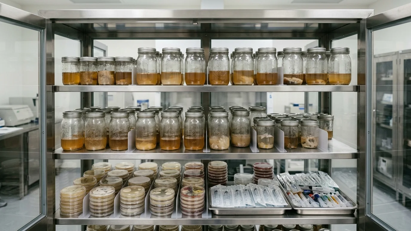 Organized culture library shelf with jars, plates, and sterile supplies arranged for storage.