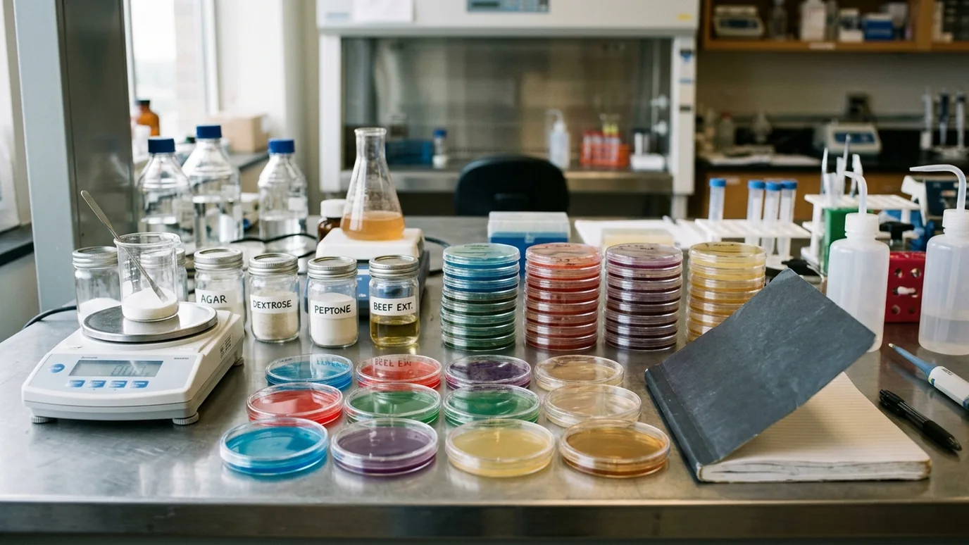 Malt extract agar preparation workstation with plates, media bottles, scale, and sterile supplies.