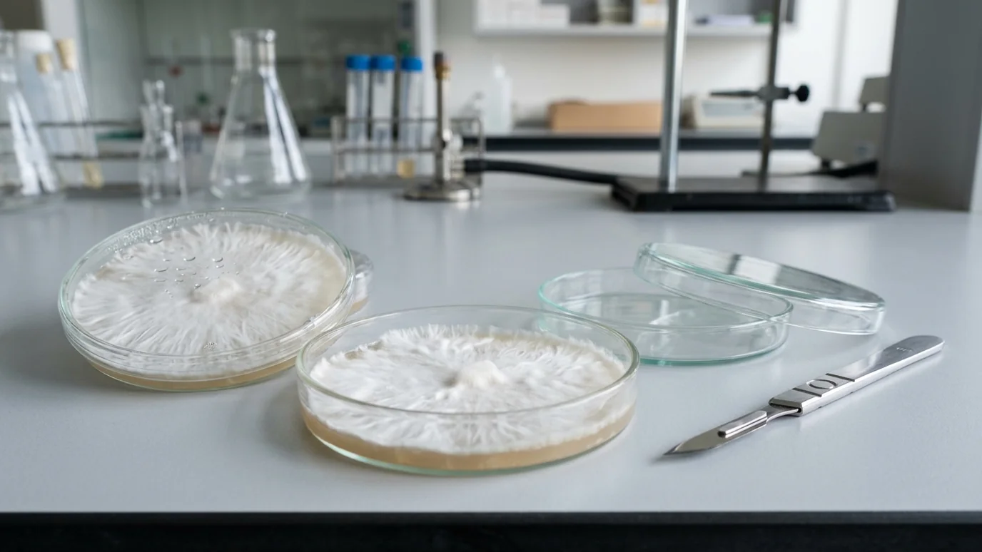 Petri dishes with clean agar media and mycelium growth on a sterile bench.