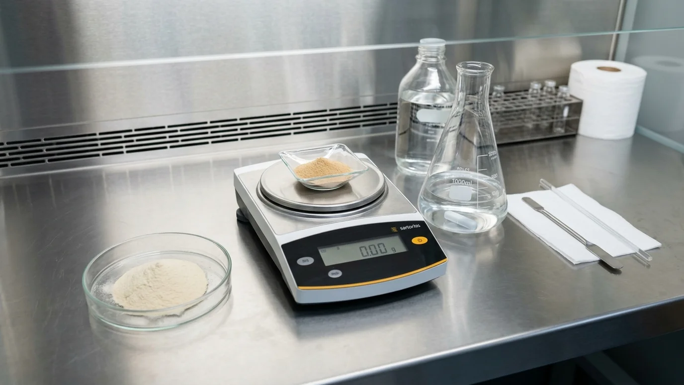 Measured agar ingredients, flask, scale, and sterile tools arranged for MEA formulation.