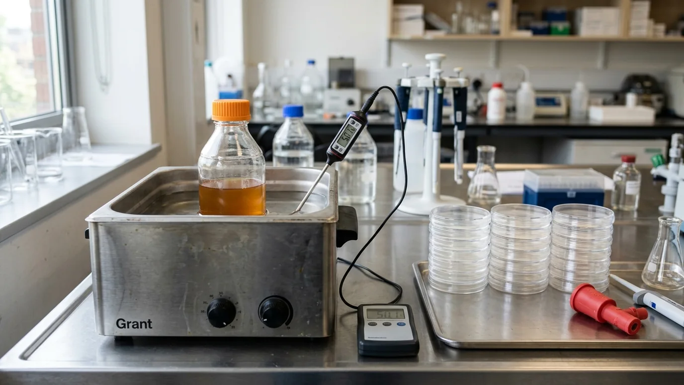 Agar preparation process setup with heat plate, plates, and sterile tools arranged in order.