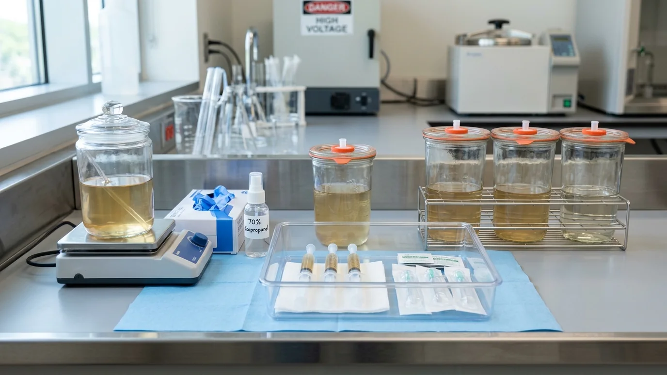 Agar ingredients being measured and combined into a glass flask on a clean lab bench.