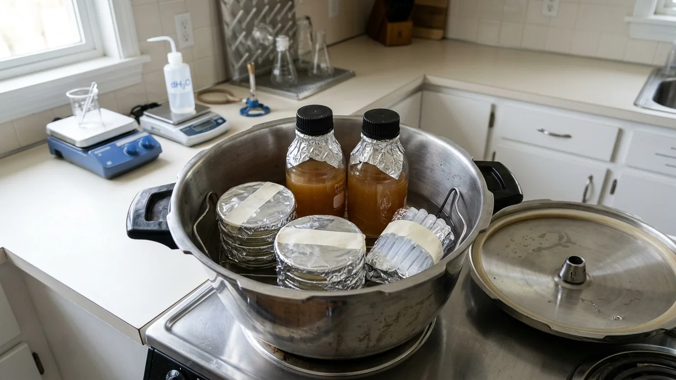 Pressure cooker setup for sterilizing agar media bottles and covered supplies.