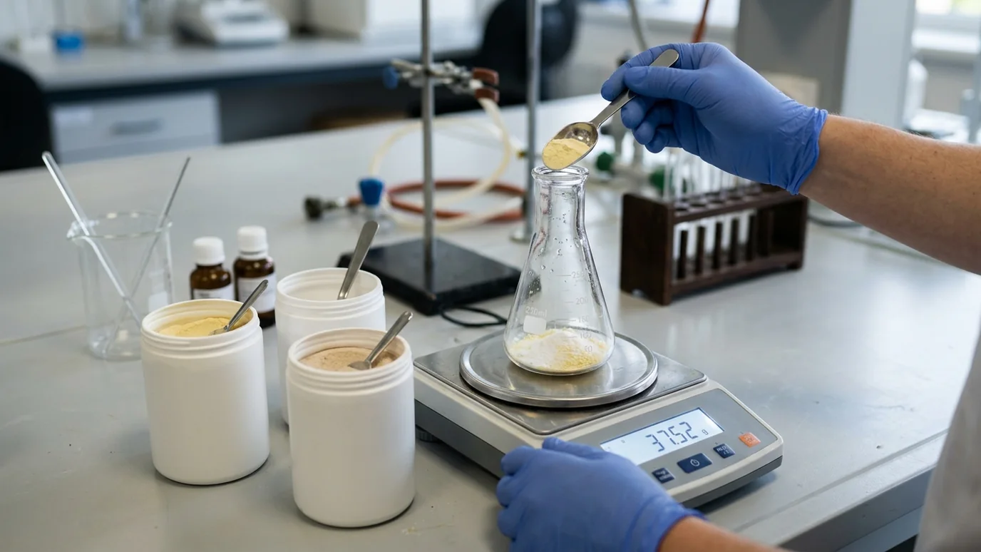 Sterilized agar media cooling with thermometer and pouring supplies nearby.