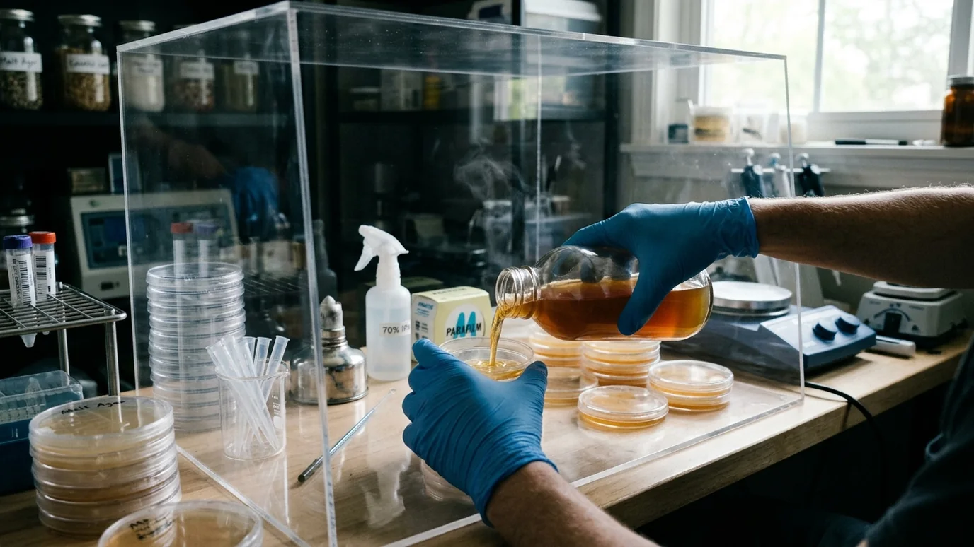 Gloved hands pouring agar into sterile petri dishes inside a still air box.