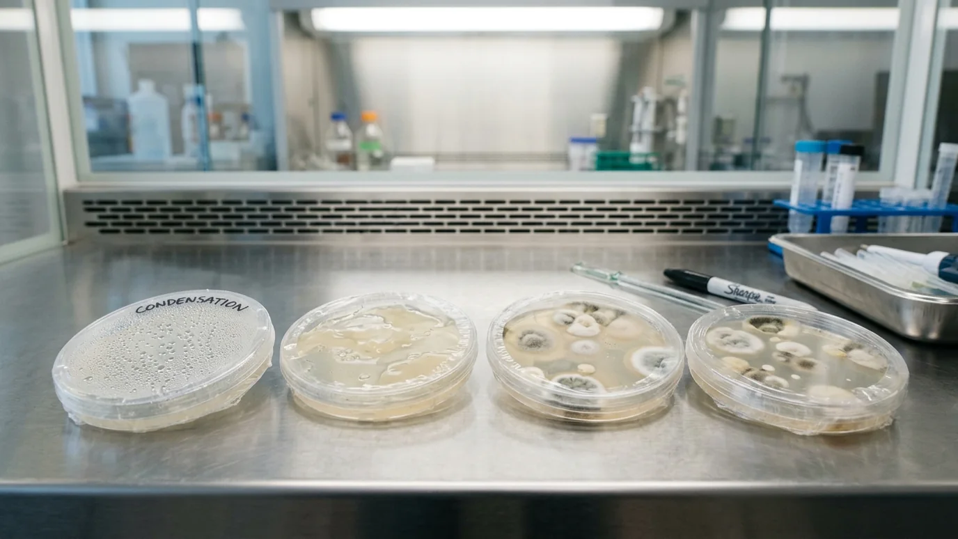 Agar plates arranged for quality control inspection in a clean lab workspace.