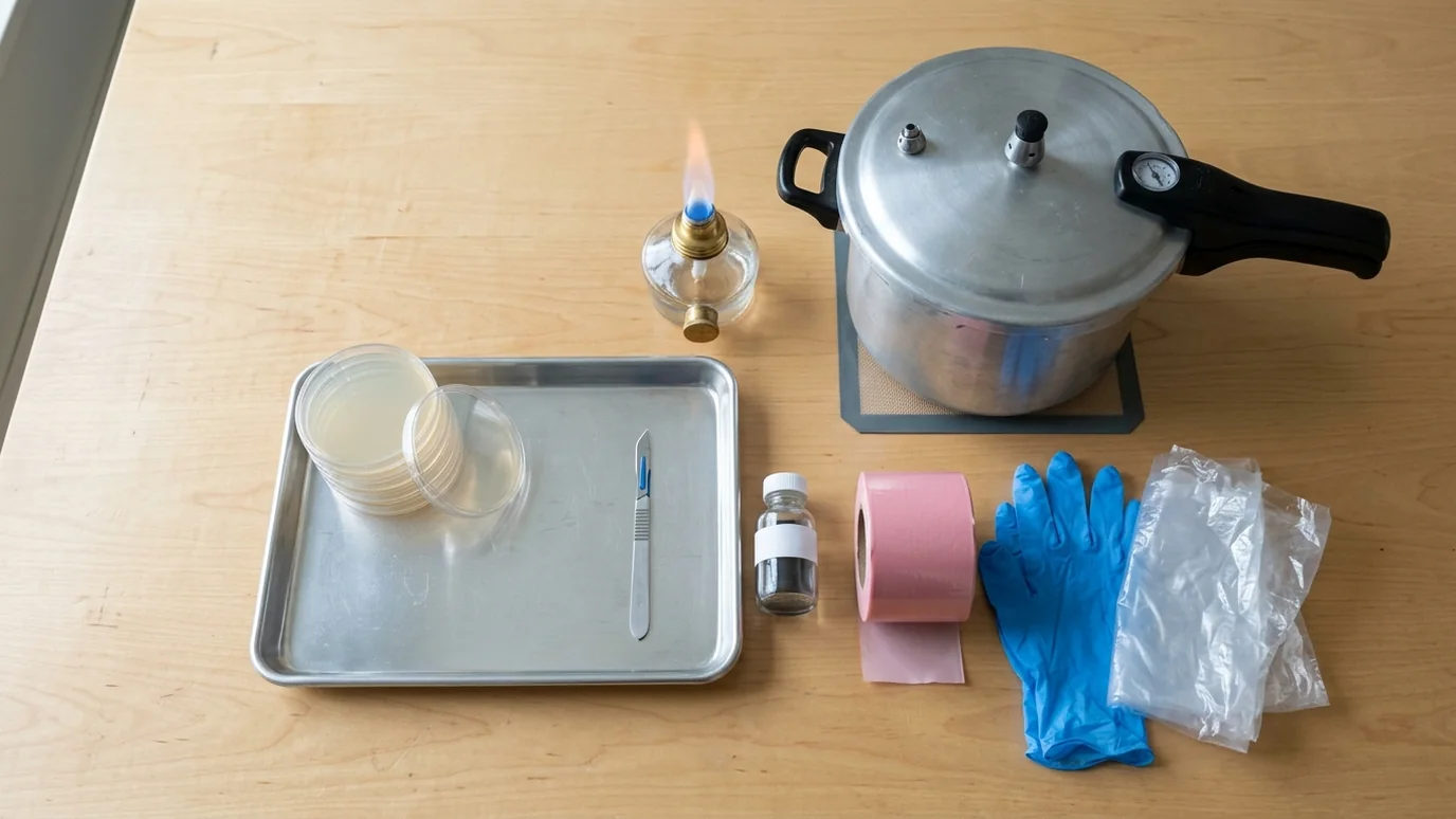 Agar plates and media supplies staged for troubleshooting and comparison.