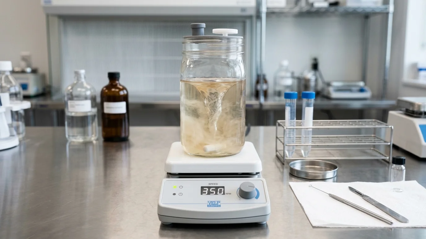 Advanced culture media workspace with sterile jars, scale, and formulation supplies.