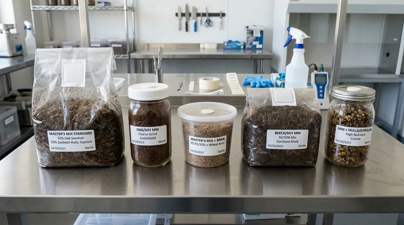 Master's Mix substrate variants in jars and bags arranged for comparison in a clean lab workspace.