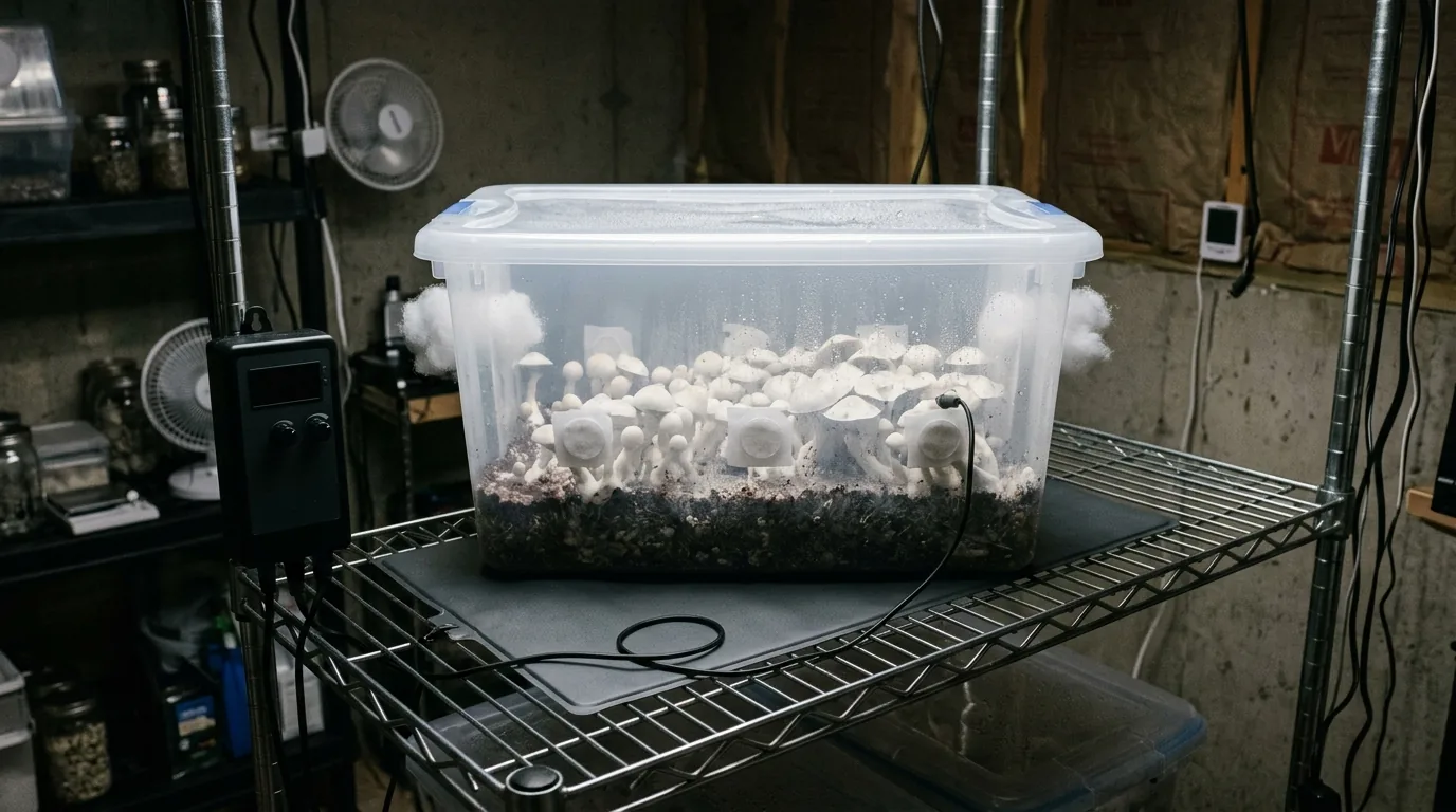 Advanced monotub fruiting chamber with colonized substrate, monitoring tools, and controlled environment setup.