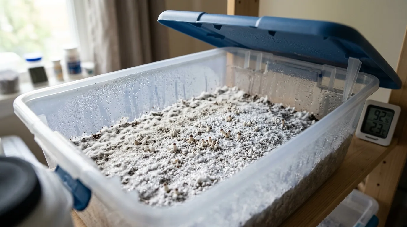 Healthy monotub substrate surface with dense white mycelium and environmental monitoring nearby.