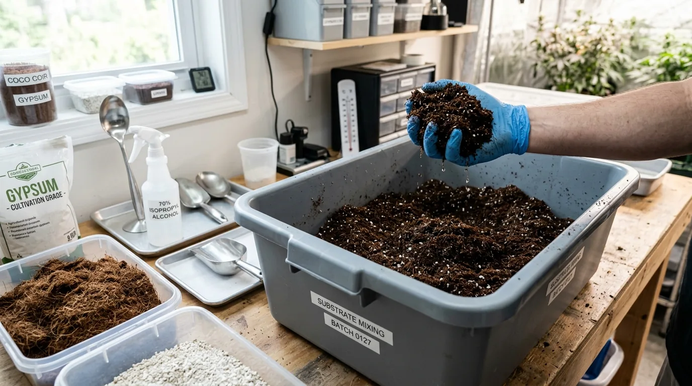 Bulk substrate optimization workspace with hydrated coir-based mix, clean tub, gloves, and cultivation tools.