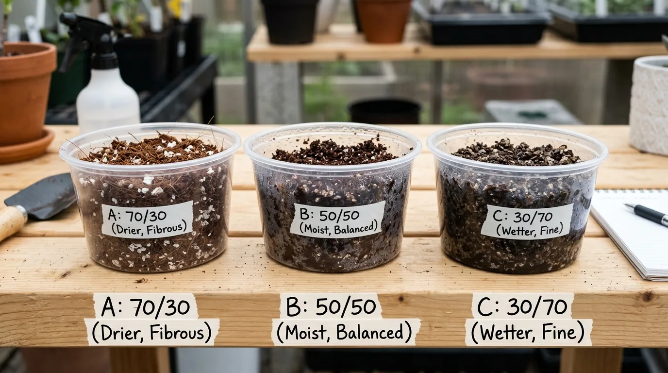 Small substrate test cups comparing coir and vermiculite moisture levels for monotub preparation.