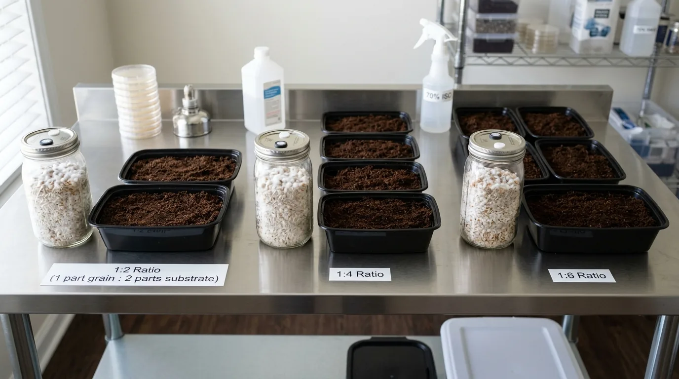 Grain spawn jars and multiple prepared substrate trays arranged for ratio comparison.