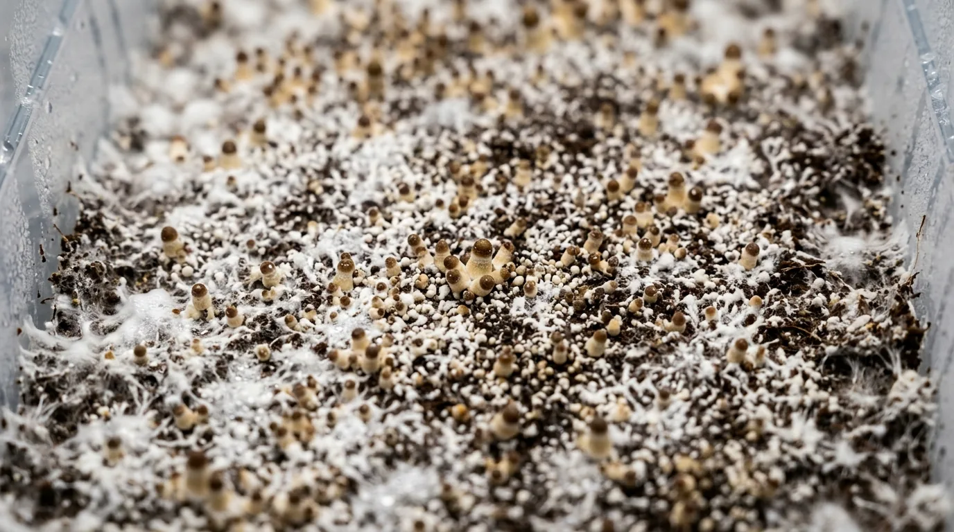 Close view of a colonized monotub surface with early pins forming across the substrate.