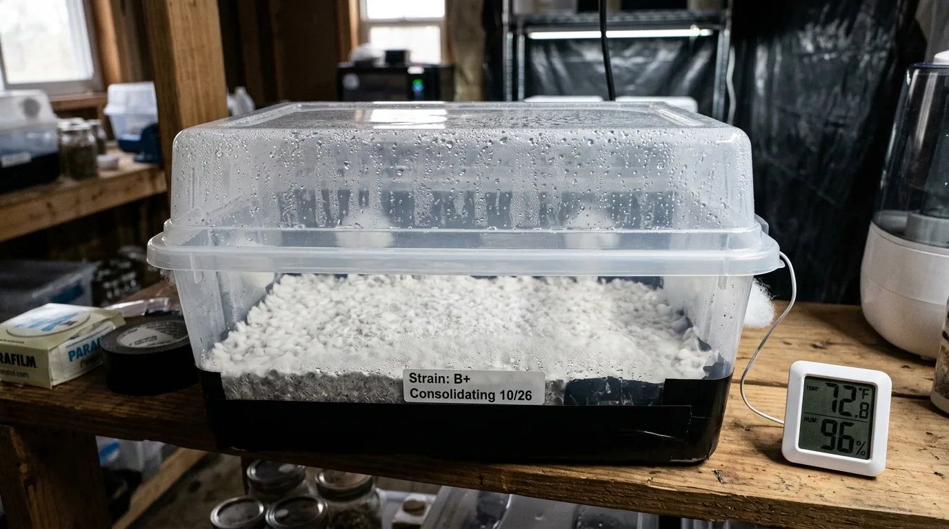 Fully colonized monotub resting with white mycelium under a translucent lid and simple monitor nearby.