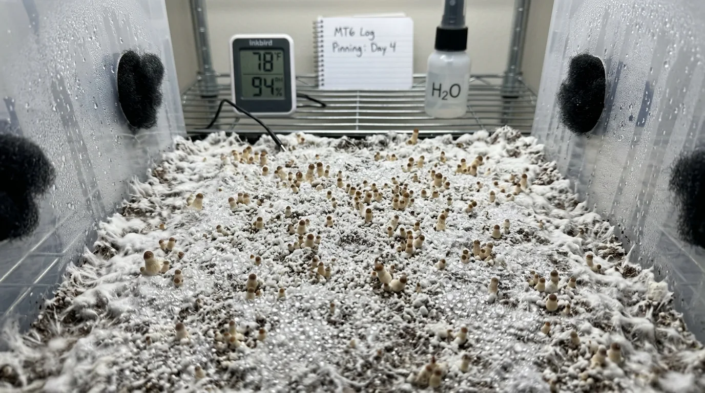 Monotub surface with early pinning cues, condensation, and stable fruiting conditions visible.