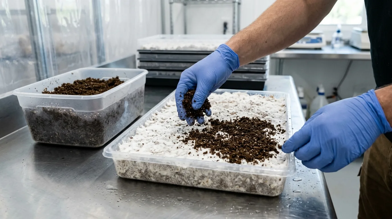 Gloved hands applying a casing-style layer across a colonized monotub surface in a clean workspace.