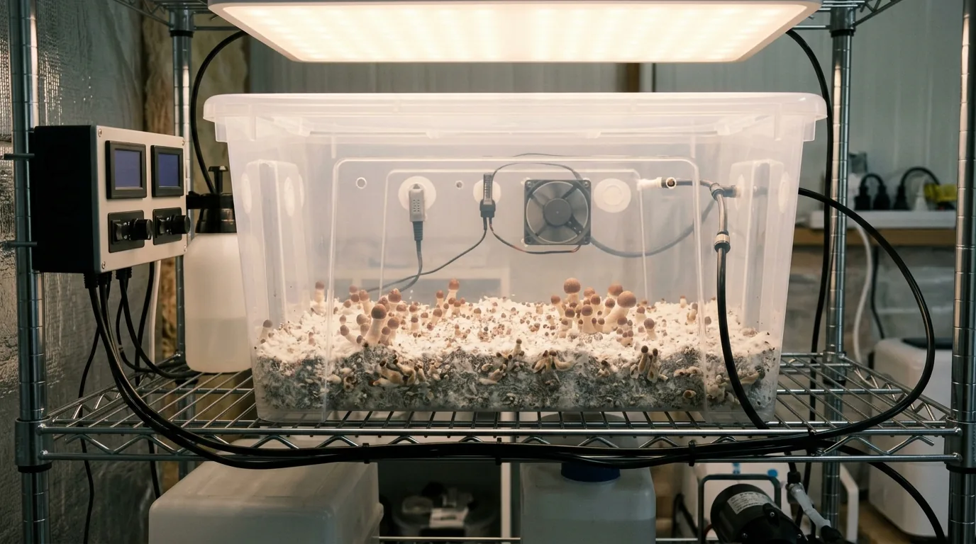 Controlled monotub fruiting chamber with light, airflow, sensors, and healthy surface development.