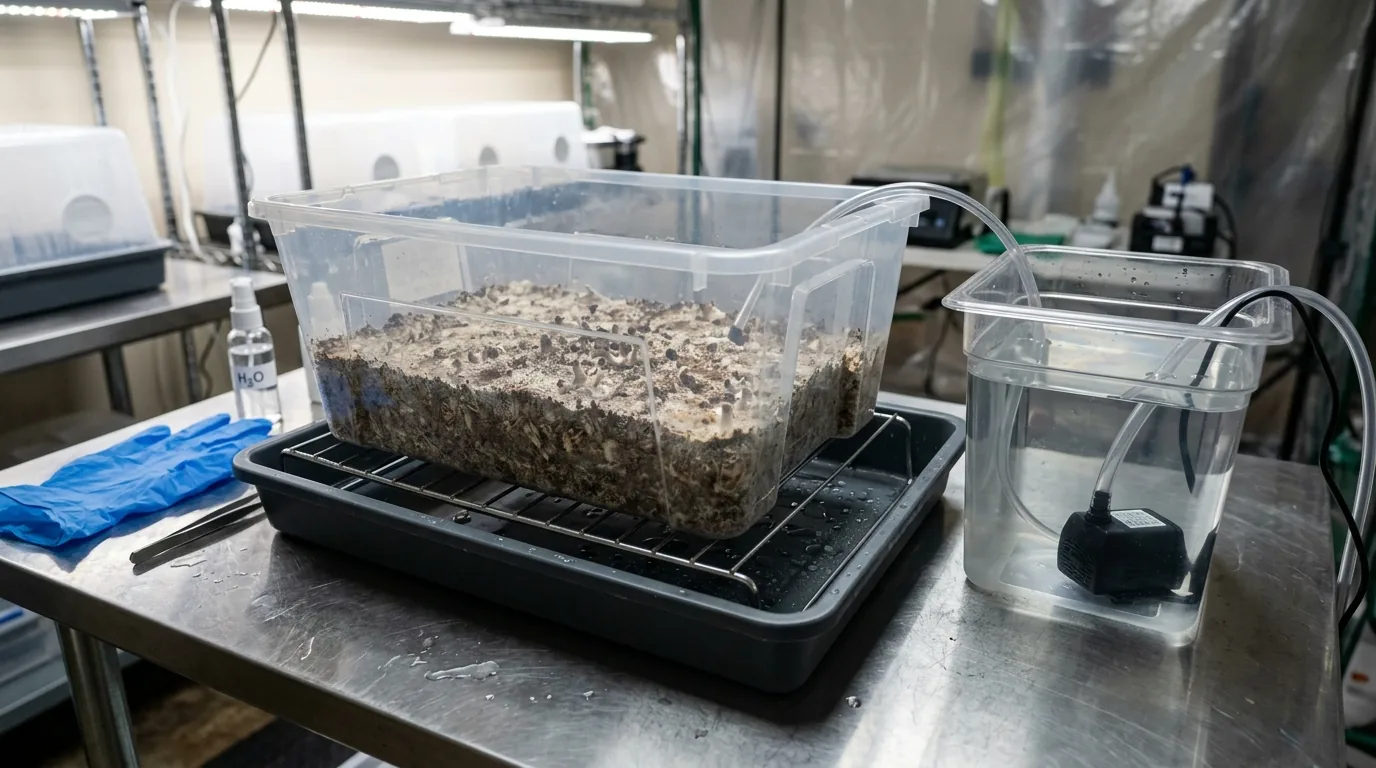 Monotub with monitoring probe and environmental control equipment for checking temperature stability.