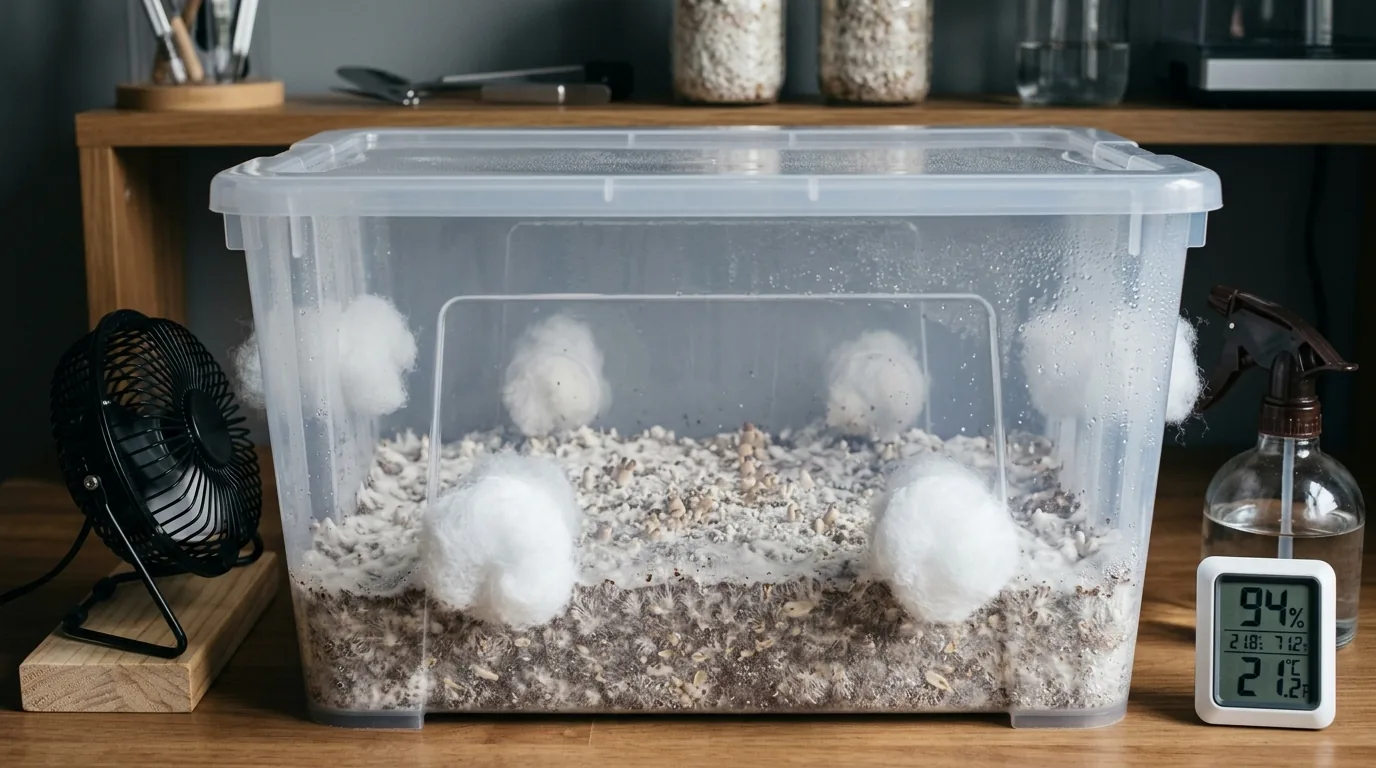 Monotub fruiting chamber with filtered air holes, fan nearby, and condensation pattern showing airflow control.