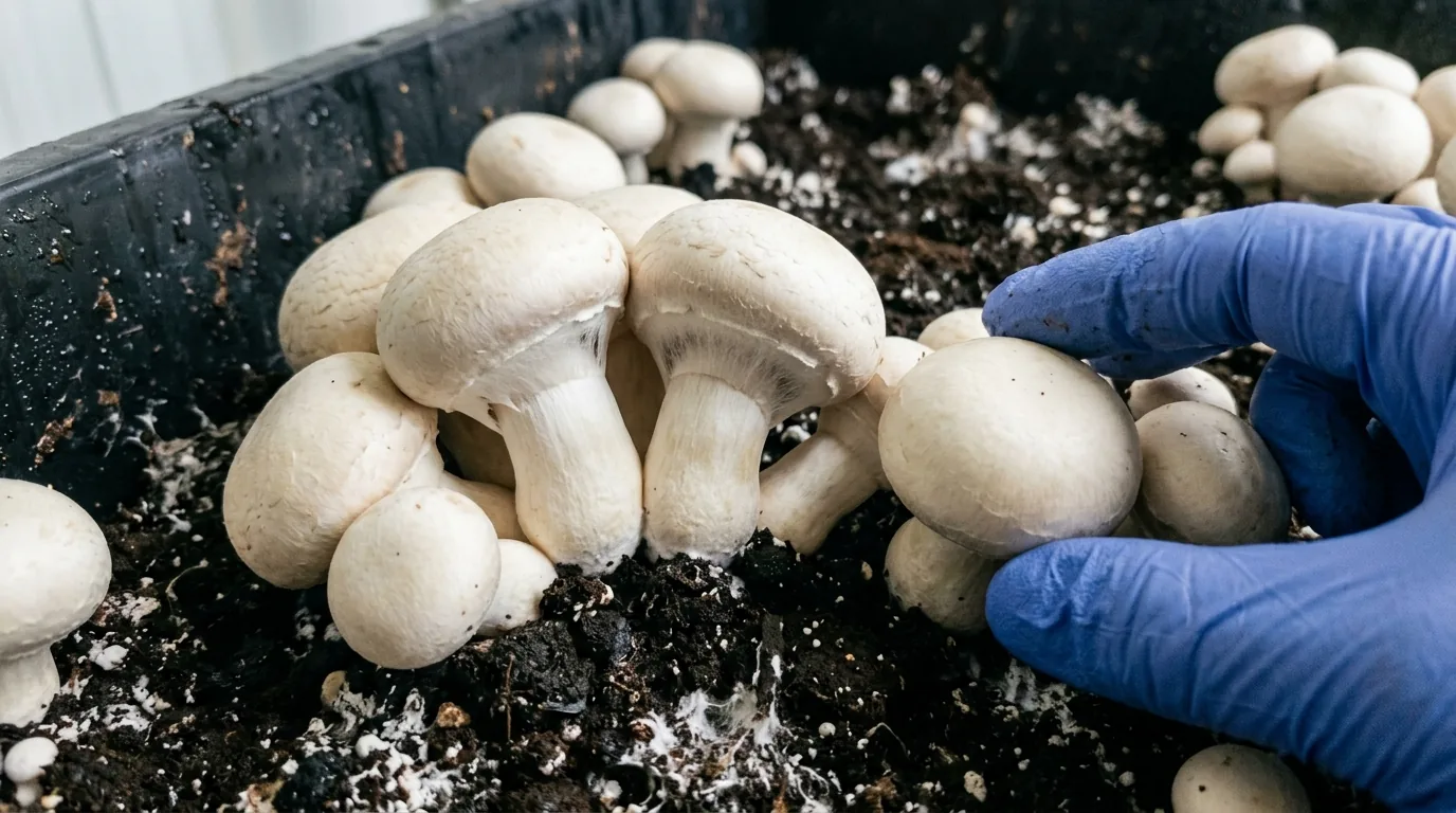 Gloved hand checking mature mushrooms in a monotub just before harvest.
