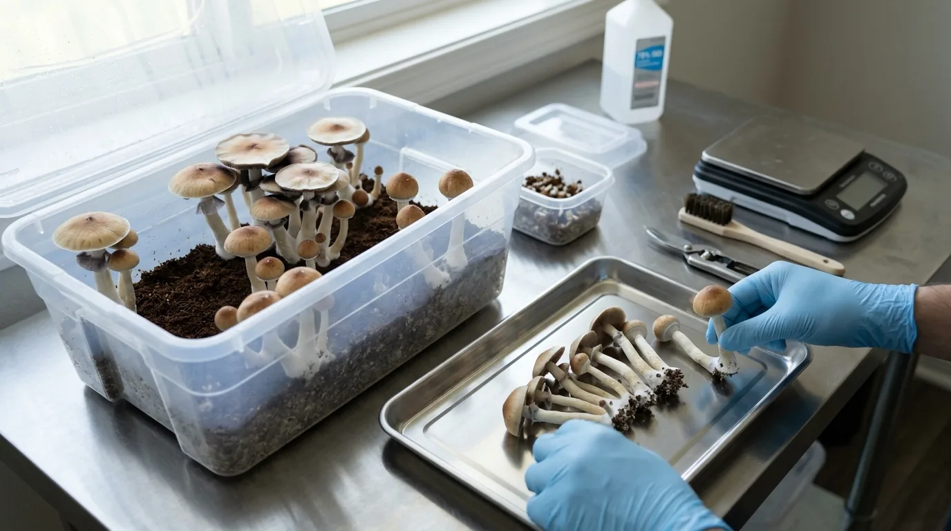 Fresh mushrooms being harvested from a monotub with clean tools and tray nearby.