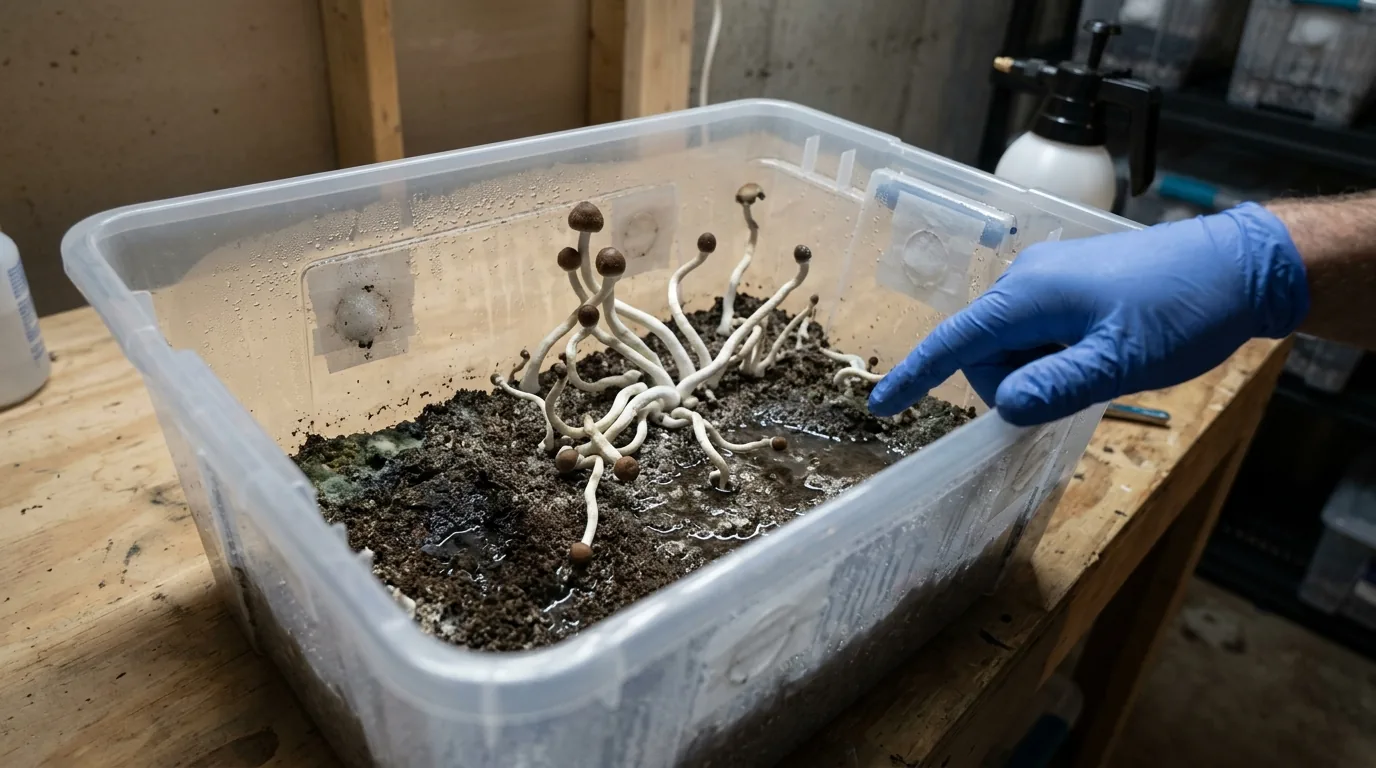 Post-harvest monotub substrate with stems removed and surface being checked for recovery.