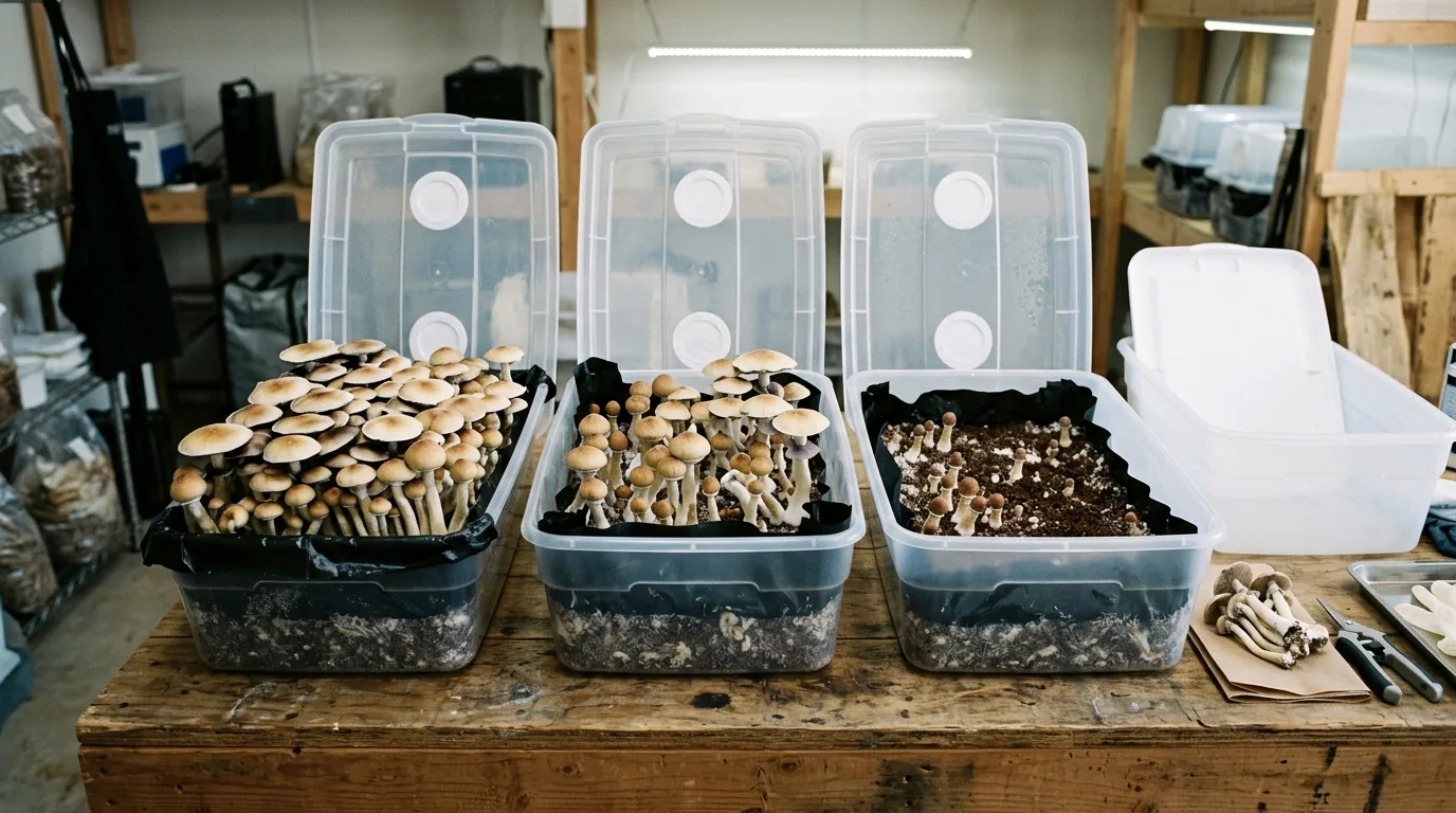 Multiple monotub trays at different flush stages showing fresh harvests and recovering substrate surfaces.