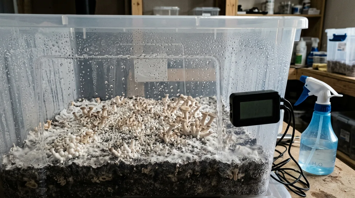 Monotub with leggy growth and wet surface conditions staged for troubleshooting advanced cultivation mistakes.
