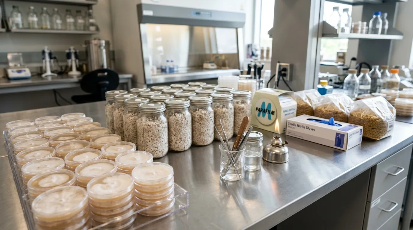 Mushroom genetics workspace with agar plates, grain jars, sterile tools, and culture samples arranged for comparison.