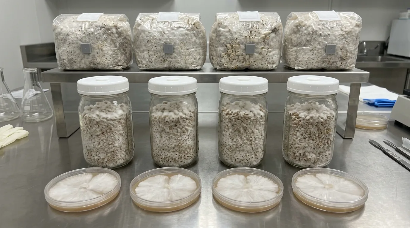 Agar plates, colonized jars, and clean culture samples arranged to compare genetic starting points.