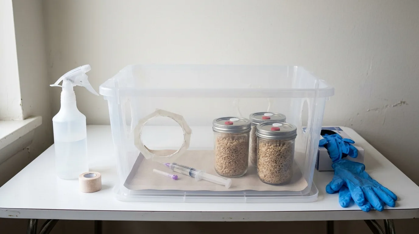 Simple multi-spore culture setup with spores, clean jars, and a small still-air-style workspace.