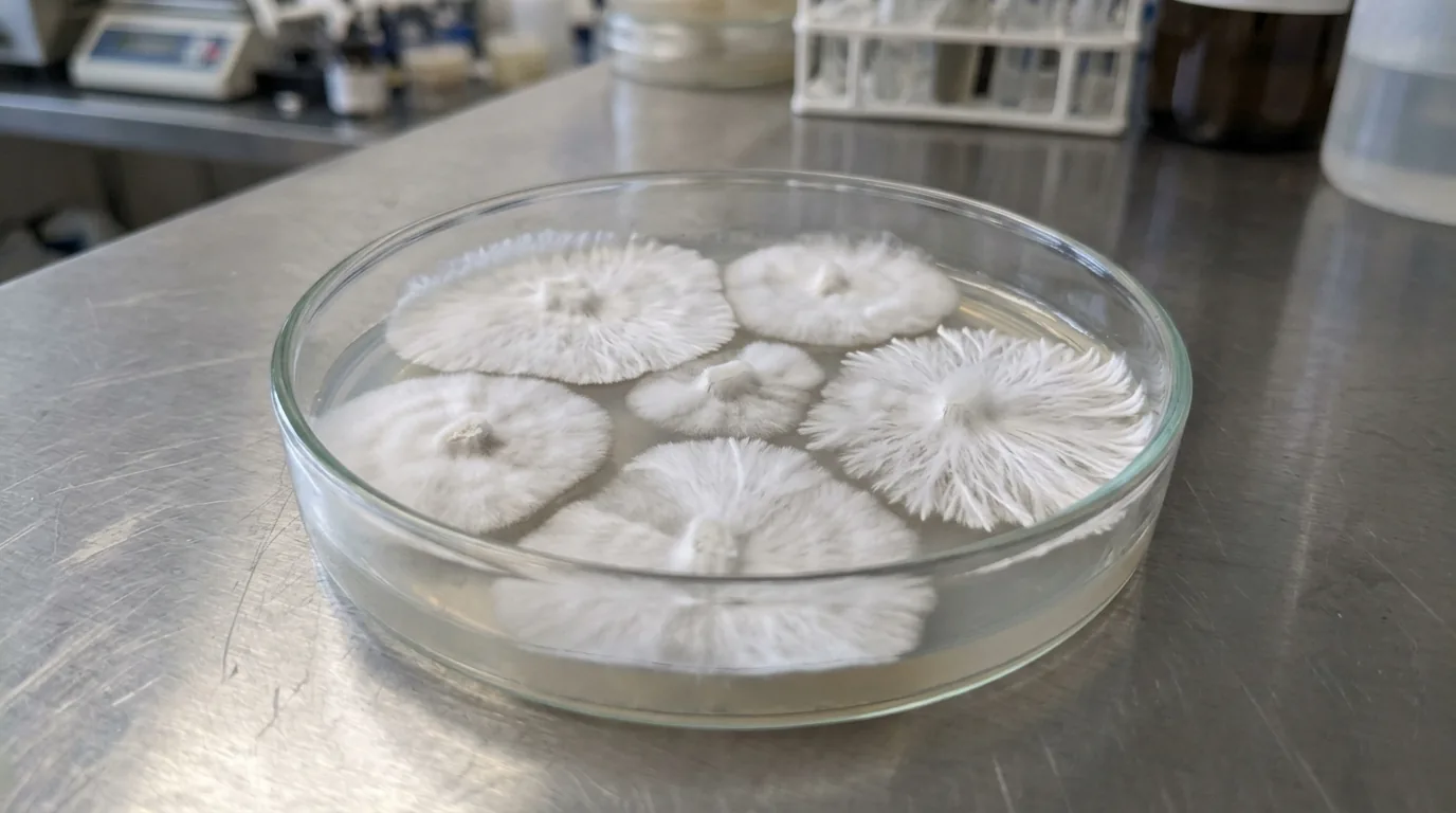 Clean agar plate with uniform white mycelium growth representing an isolated culture.