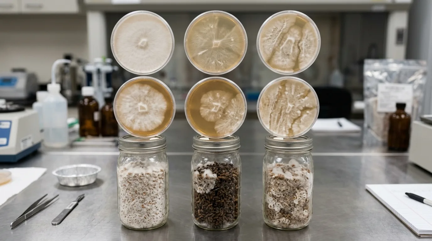 Several agar cultures and colonized jars arranged side by side to show variation in multi-spore outcomes.