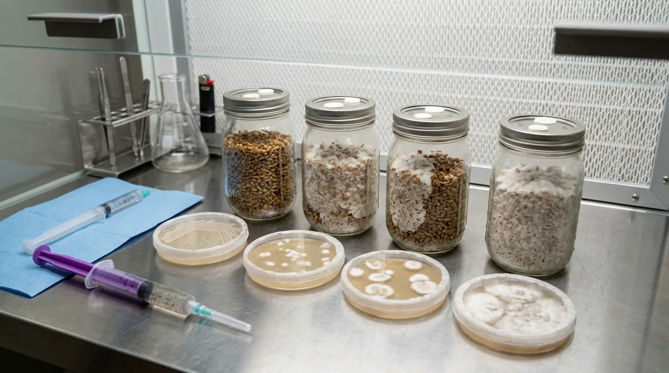 Spore syringe, clean jars, agar plates, and simple culture tools arranged for an accessible genetics workflow.