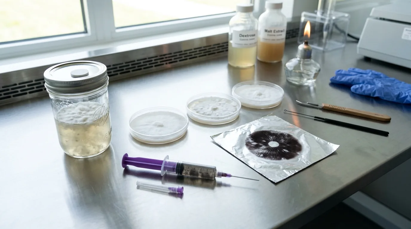 Mixed culture workspace with syringe, plates, and jar showing the complexity of inconsistent genetics.