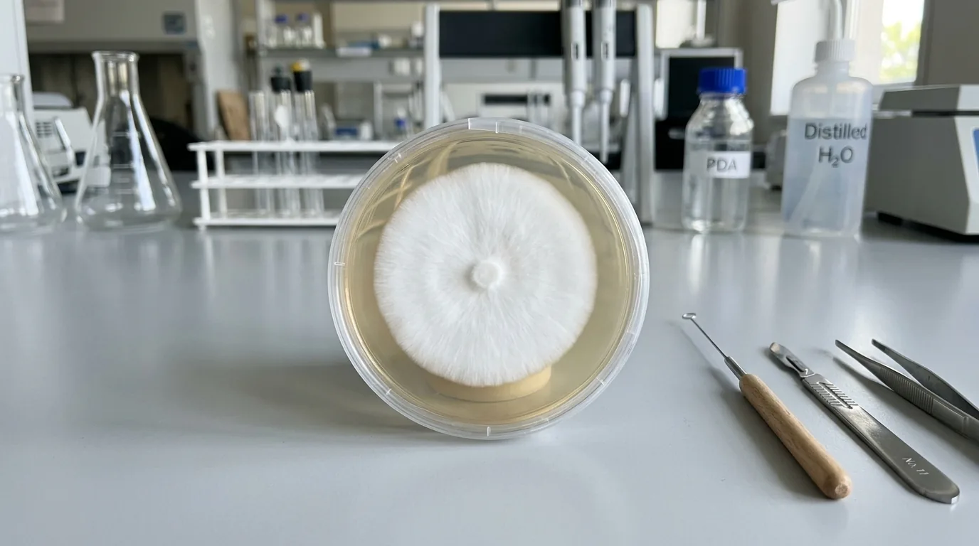 Uniform agar culture plate beside sterile tools in a clean lab setting for isolate selection work.
