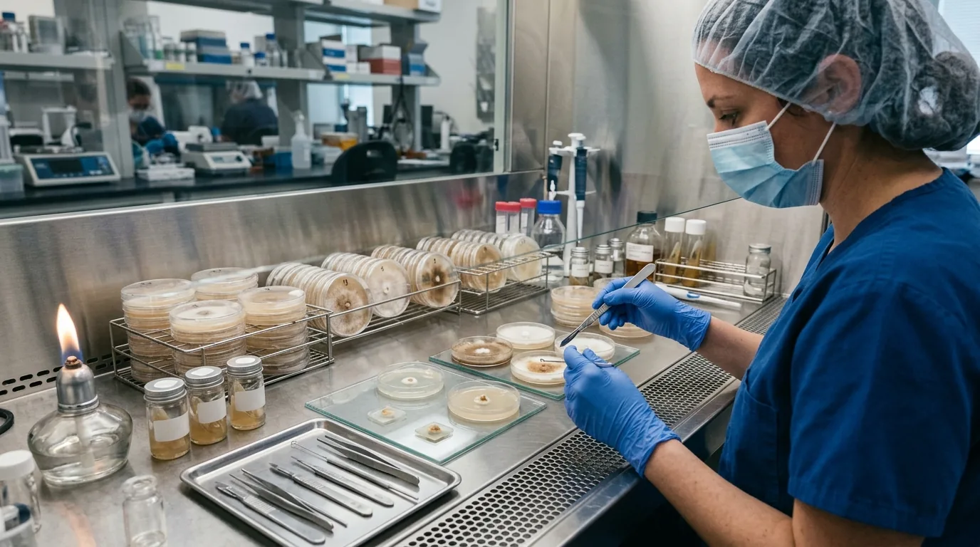 Sterile culture transfer workspace with uniform agar plates and organized genetic samples for repeatable cultivation.