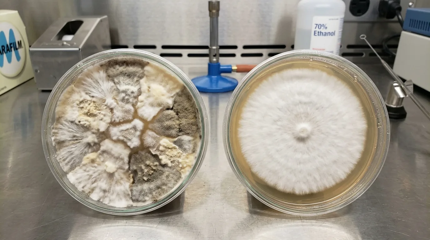 Two agar cultures compared on a lab bench to show isolate maintenance and selection challenges.