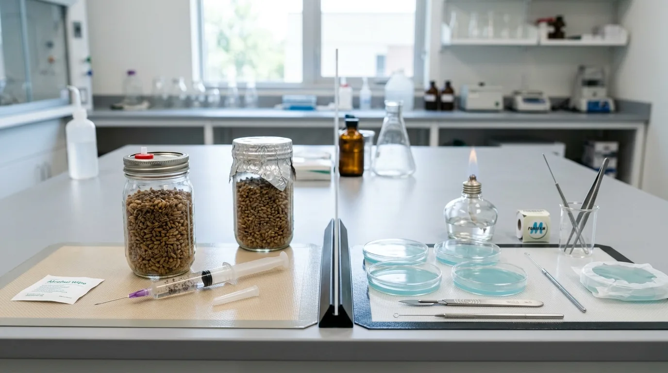 Clean mushroom genetics workspace with jars, agar plates, and culture tools arranged for deciding between multi-spore and isolate work.